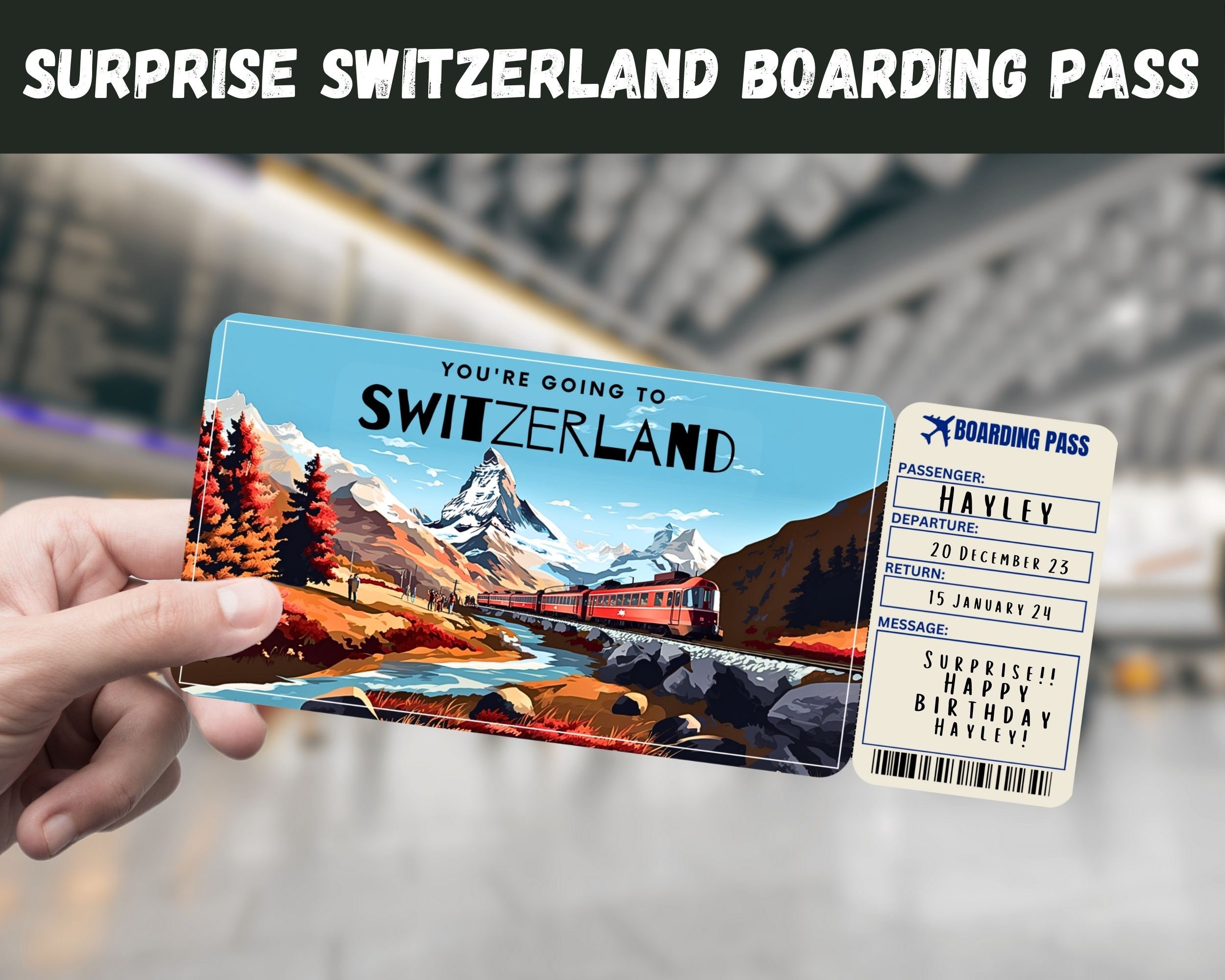 Switzerland Trip Surprise Gift Ticket: Editable Boarding Pass