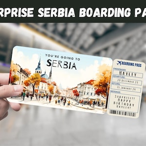 Serbien Reise Überraschungsgeschenk Ticket - Sie gehen nach SERBIEN - Printable, Flug, Bordkarte, bearbeitbar, Sofort Download, Reisedruck