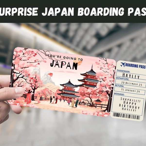 Boleto de regalo sorpresa de viaje a Japón - Vas a JAPÓN - Imprimible, Vuelo, Tarjeta de embarque, Editable, Descarga instantánea, Impresión de viaje