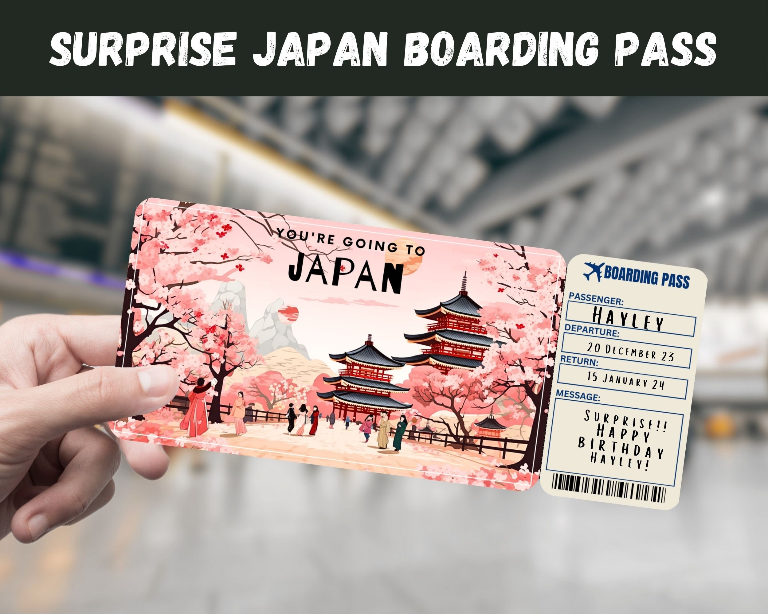 Japan Trip Surprise Gift Ticket - You're Going to JAPAN - Printable, Flight, Boarding Pass, Editable, Instant Download, Travel Print