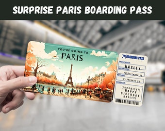 May include: A boarding pass design with the text "SURPRISE PARIS BOARDING PASS". The main image shows the Eiffel Tower and the text "YOU'RE GOING TO PARIS". The boarding pass details include the passenger's name, departure and return dates, and a birthday message.