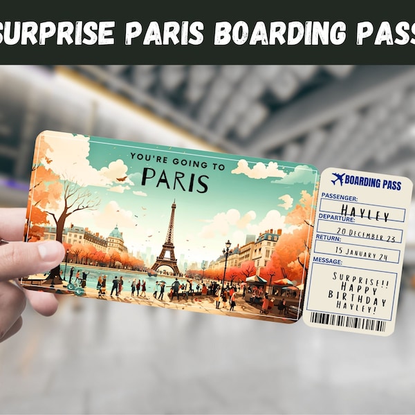Paris, France Trip Surprise Gift Ticket - You're Going to PARIS - Printable, Flight, Boarding Pass, Editable, Instant Download, Travel Print