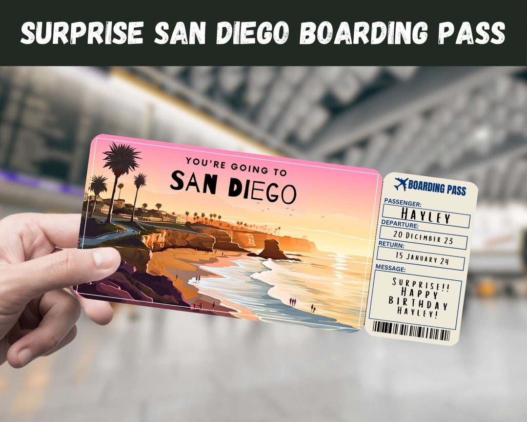 San Diego Trip Surprise Gift Ticket: Editable Boarding Pass