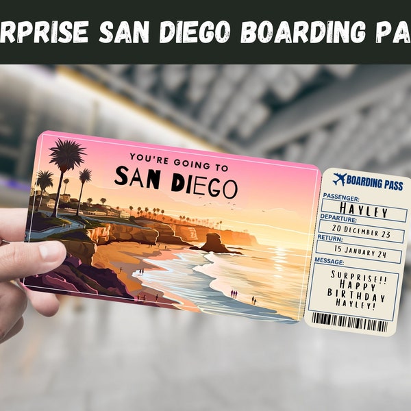 San Diego CA USA Trip Surprise Gift Ticket - You're Going to San Diego - Printable, Flight, Boarding Pass, Editable, Travel Print