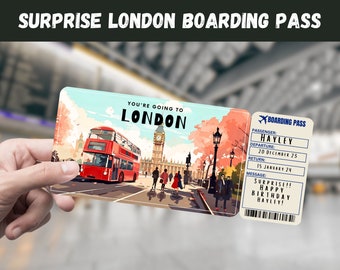 London, England Trip Surprise Gift Ticket - You're Going to LONDON - Printable, Flight, Boarding Pass, Editable, Instant, Travel Print