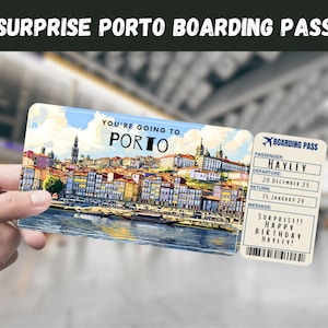 Billet cadeau voyage surprise à Porto, Portugal - Vous allez à PORTO, vol, carte d'embarquement, modifiable, téléchargement immédiat, impression de voyage