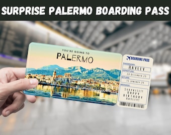 May include: A printable boarding pass with a photo of the city of Palermo, Italy. The boarding pass is for Hayley and says "Surprise!! Happy Birthday Hayley!"