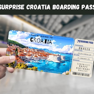 Bilhete-presente surpresa para viagem à Croácia - Você vai para a CROÁCIA, voo, cartão de embarque, editável, download instantâneo, impressão de viagem