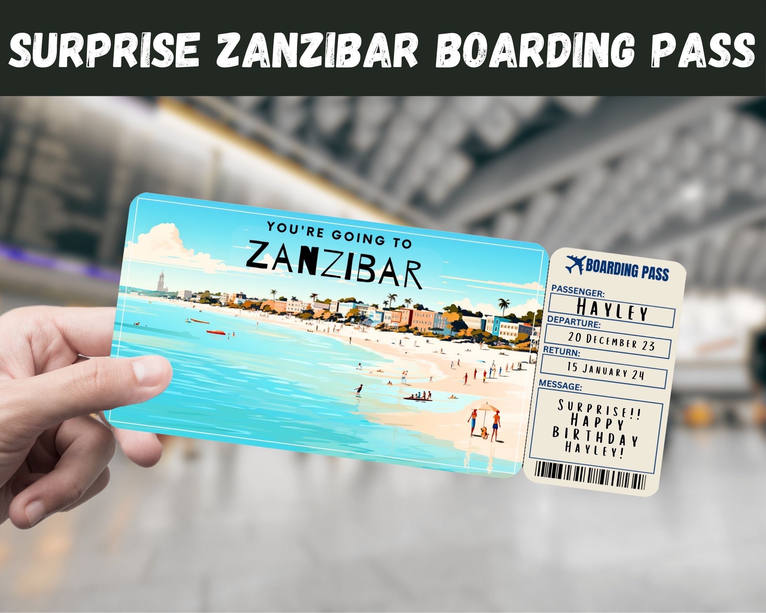 Zanzibar Trip Surprise Gift Ticket: Editable Boarding Pass