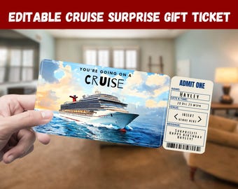 Op de afbeelding: Een printbaar cruiseticket met een blauw-wit cruiseschip op een blauwe zee met een blauwe lucht en witte wolken. Het ticket zegt "You're going on a cruise" en "Admit One". Het ticket heeft ruimte om de naam, datum en tijd, locatie en een bericht in te vullen.