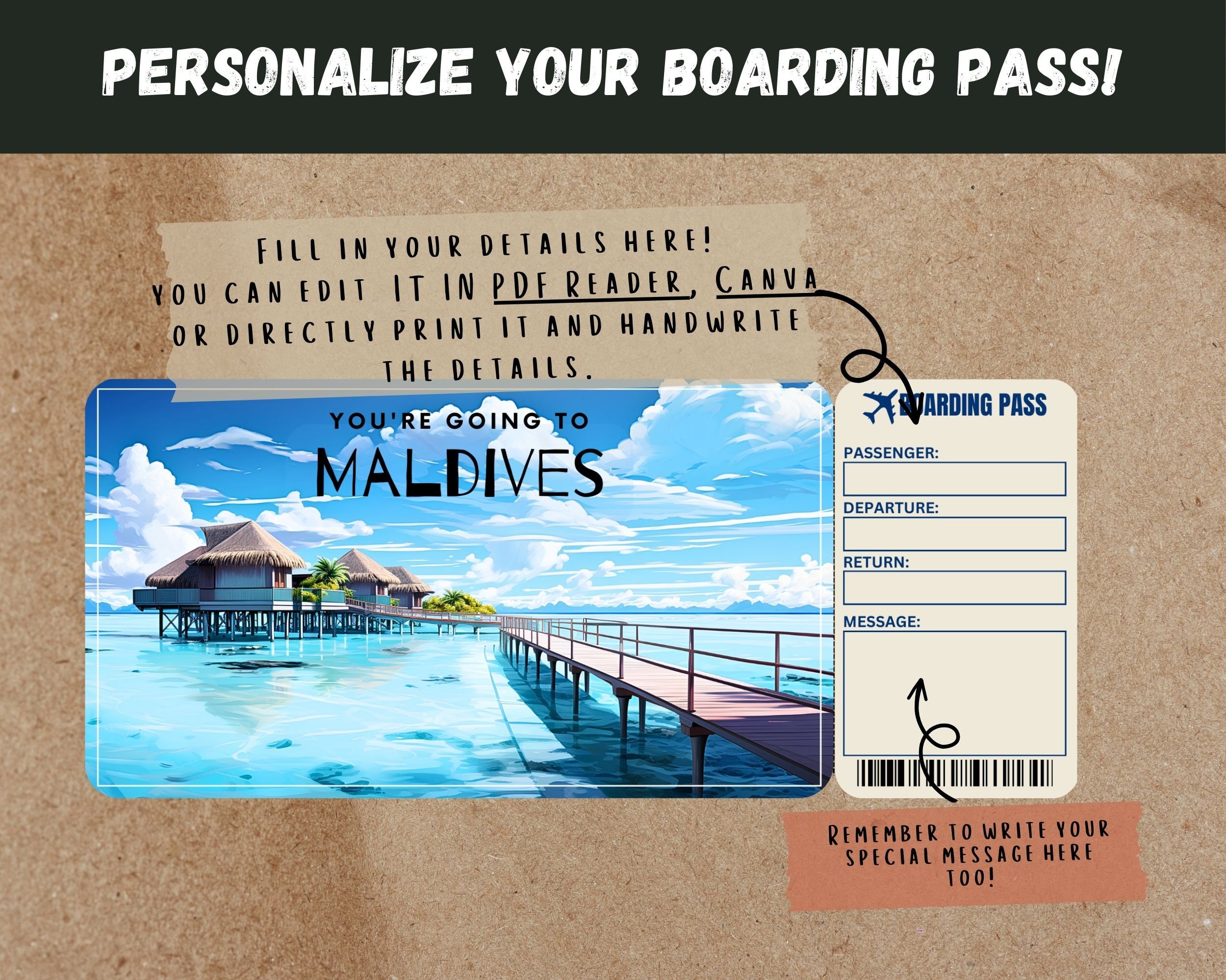 Maldives Trip Surprise Gift Ticket You're Going to MALDIVES Printable