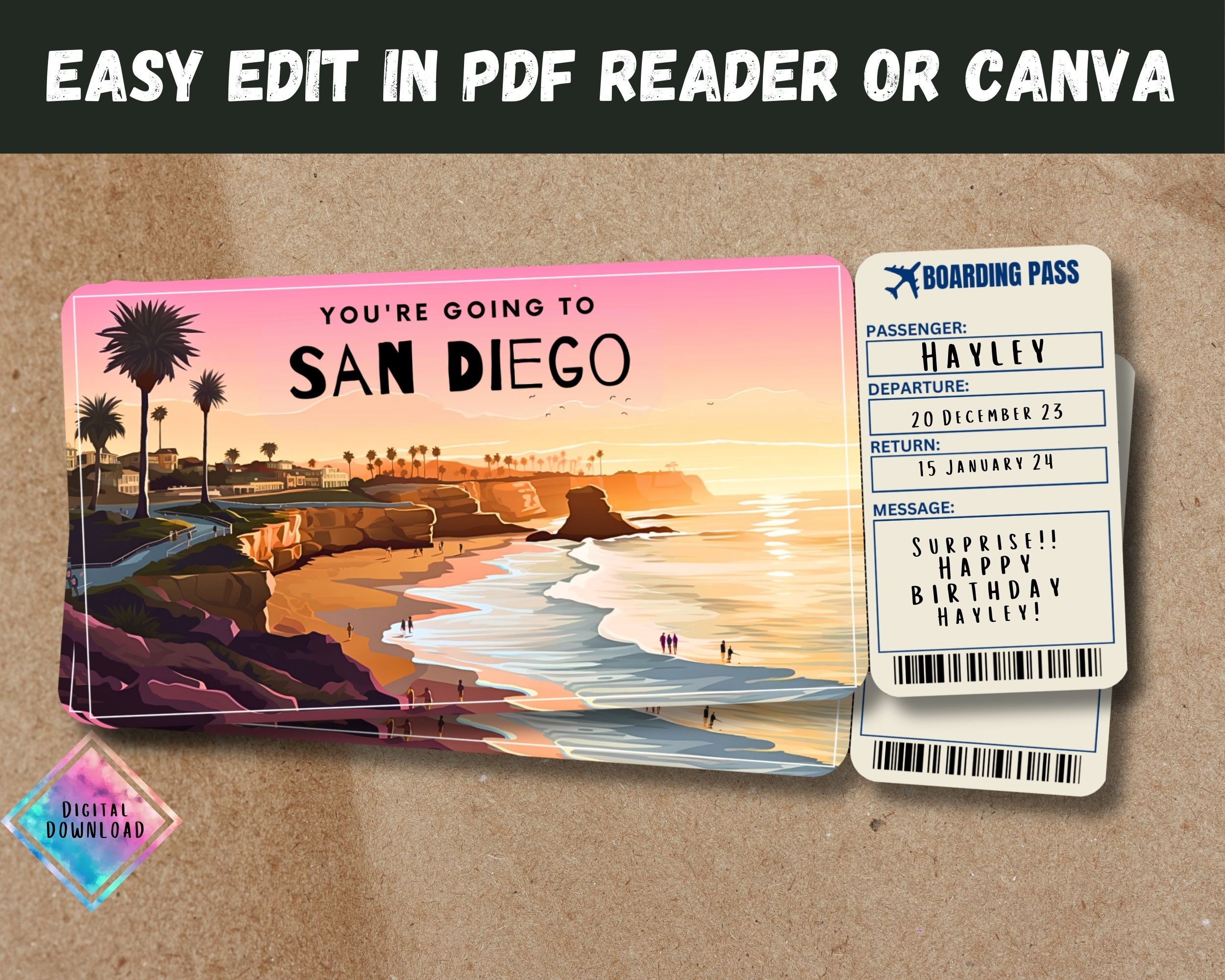San Diego Trip Surprise Gift Ticket: Editable Boarding Pass