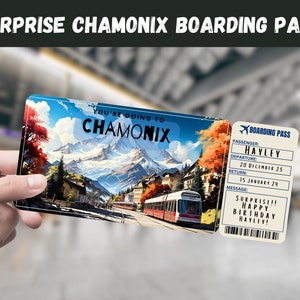 Chamonix, França Bilhete-presente surpresa de viagem - Você vai para CHAMONIX - para impressão, voo, cartão de embarque, editável, instantâneo, impressão de viagem