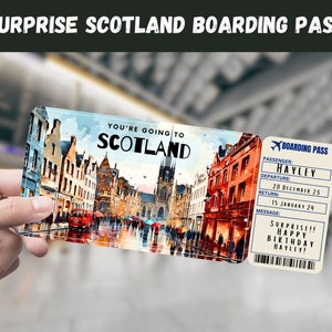 Billet cadeau surprise voyage en Écosse - Vous allez en ÉCOSSE, vol, carte d'embarquement, modifiable, téléchargement immédiat, impression de voyage