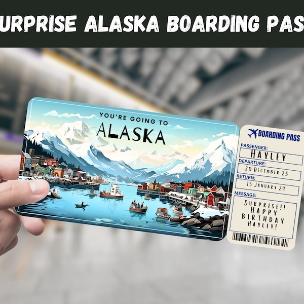 Alaska USA Trip Surprise Gift Ticket - You're Going to ALASKA - Printable, Flight, Boarding Pass, Editable, Travel Print