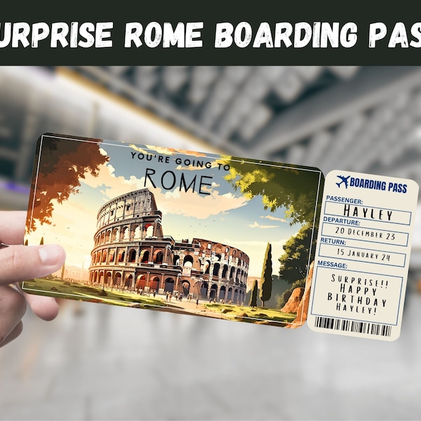 Rome, Italy Trip Surprise Gift Ticket - You're Going to ROME - Printable, Flight, Boarding Pass, Editable, Instant Download, Travel Print
