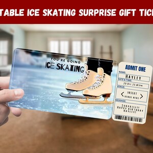May include: Editable ice skating gift ticket with a blue and white background. The ticket features a picture of ice skates and the text "You're going ice skating". The ticket also has a section for the name, date and time, venue, and a message. The text on the ticket says "Admit One", "Hayley", "20 Dec 25 @1pm", "Insert Venue Here", and "Surprise! Happy Birthday Hayley!"