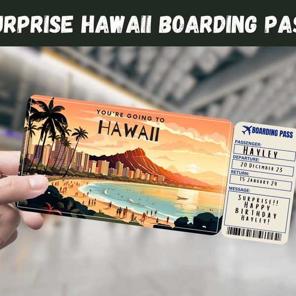 Hawaii USA Trip Surprise Gift Ticket - You're Going to HAWAII - Printable, Flight, Boarding Pass, Editable, Instant Download, Travel Print