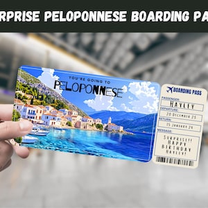 Billet cadeau voyage surprise dans le Péloponnèse, Grèce - Vous allez au Péloponnèse - Imprimable, carte de vol, d'embarquement, instantanée, impression de voyage