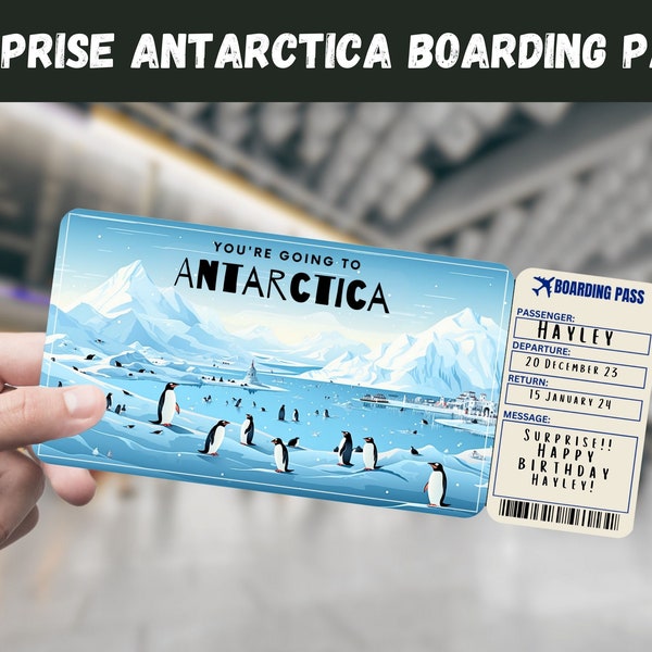 Boleto de regalo sorpresa de viaje a la Antártida - Vas a la ANTÁRTIDA - Imprimible, Vuelo, Tarjeta de embarque, Editable, Impresión de viaje