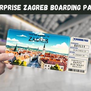 Zagreb, Croatia Trip Surprise Gift Ticket - You&#39;re Going to ZAGREB, Flight, Boarding Pass, Editable, Instant Download, Travel Print
