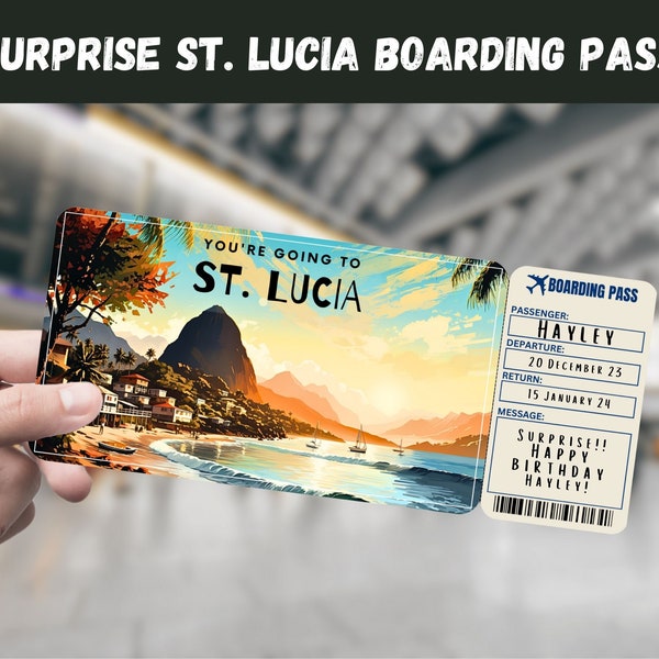 St. Lucia Trip Surprise Gift Ticket - You're Going to ST. LUCIA - Printable, Flight, Boarding Pass, Editable, Instant, Travel Print