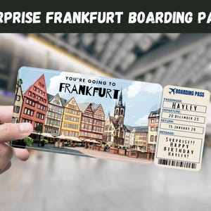 Billet cadeau voyage surprise Francfort, Allemagne - Vous allez à FRANCFORT - Imprimable, carte de vol, d'embarquement, modifiable, impression de voyage instantanée