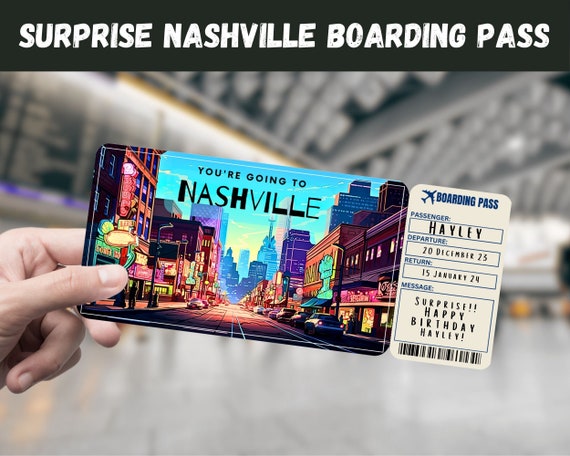 Nashville Trip Surprise Gift Ticket: Editable Boarding Pass (Printable PDF)