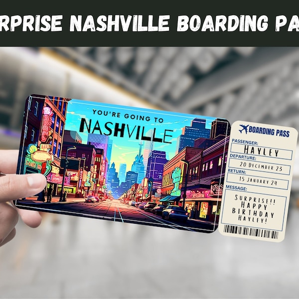 Nashville TN USA Trip Surprise Gift Ticket - You're Going to NASHVILLE - Printable, Flight, Boarding Pass, Editable, Instant, Travel Print