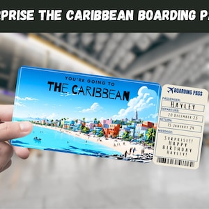 The Caribbean Trip Surprise Gift Ticket - You&#39;re Going to THE CARIBBEAN, Flight, Boarding Pass, Editable, Instant Download, Travel Print