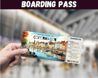 Copenhagen Denmark Boarding Pass, Surprise Trip Reveal, Travel Gift, Editable (Digital Download)