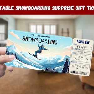 Snowboarding Surprise Gift Ticket - You're Going SNOWBOARDING - Printable, Pass, Editable, Instant Download, Travel Print Einladung