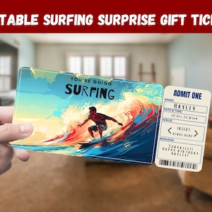 Surfing Surprise Geschenkkarte - You're Going SURFING - Printable, Pass, Bearbeitbar, Sofort-Download, Reisedruckeinladung