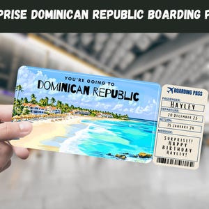 Bilhete-presente surpresa para viagem à República Dominicana - Você vai para a REPÚBLICA DOMINICANA, voo, cartão de embarque, editável, instantâneo, impressão de viagem
