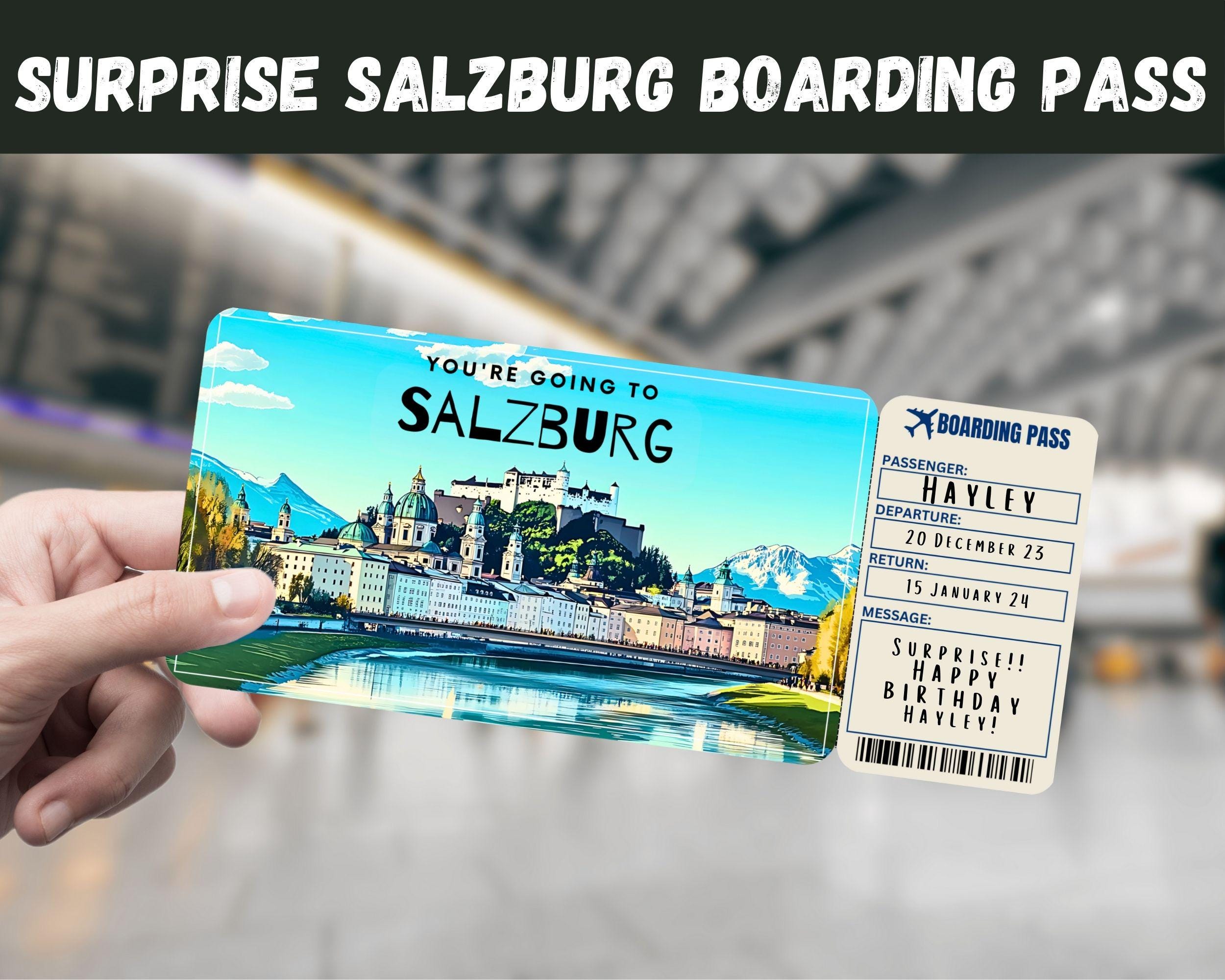 Salzburg, Austria Trip Surprise Gift Ticket - You're Going to SALZBURG - Printable, Flight, Boarding Pass, Editable, Instant, Travel Print