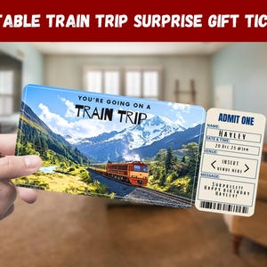Pode incluir: Um bilhete de viagem de trem imprimível com uma cena de montanha e um trem. O bilhete diz "Você está indo em uma viagem de trem" e tem um espaço para preencher o nome, a data, a hora, o local e uma mensagem.