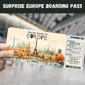Europe Trip Surprise Gift Ticket - You're Going to EUROPE - Printable, Flight, Boarding Pass, Editable, Instant, Travel Print, Eurotrip