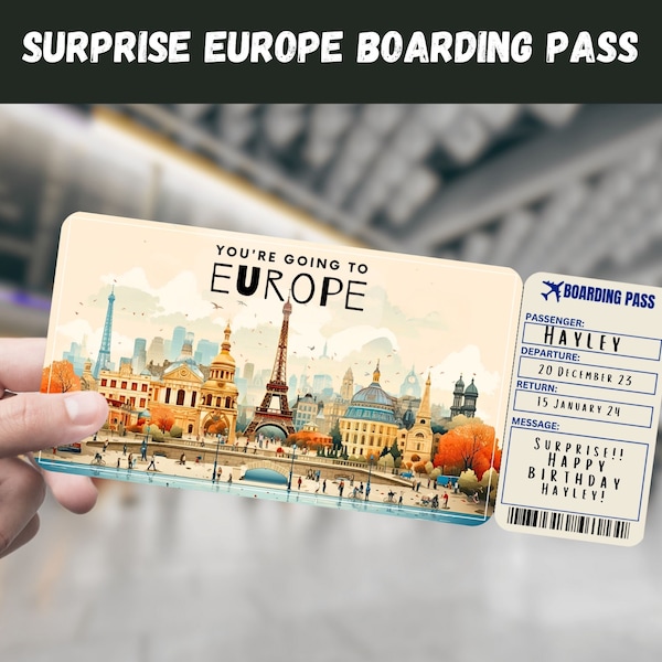 Boleto de regalo sorpresa de viaje a Europa - Vas a EUROPA - Imprimible, Vuelo, Tarjeta de embarque, Editable, Instantáneo, Impresión de viaje, Eurotrip