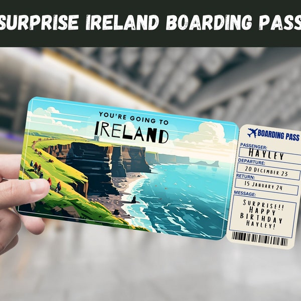 Ireland Trip Surprise Gift Ticket - You're Going to IRELAND - Printable, Flight, Boarding Pass, Editable, Instant Download, Travel Print