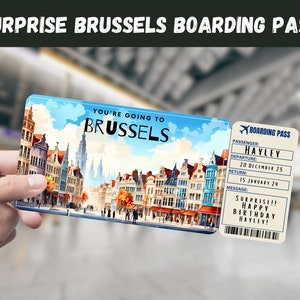 Billet cadeau voyage surprise Bruxelles, Belgique - Vous allez à BRUXELLES - imprimable, vol, carte d'embarquement, modifiable, impression de voyage