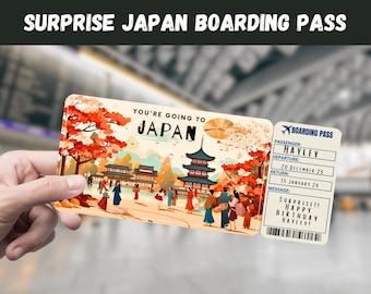 Japan Trip Surprise Gift Ticket - You&#39;re Going to JAPAN - Printable, Flight, Boarding Pass, Editable, Instant Download, Travel Print