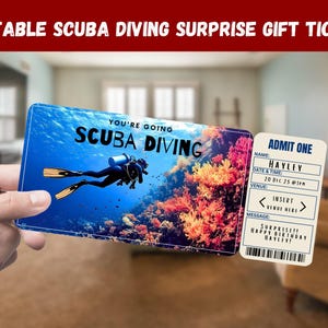Scuba Diving  Surprise Gift Ticket - You&#39;re Going SCUBA DIVING - Printable, Pass, Editable, Instant Download, Travel Print Invitation
