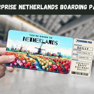 Billet cadeau surprise voyage aux Pays-Bas - Vous allez aux PAYS-BAS - Imprimable, avion, carte d'embarquement, modifiable, impression de voyage