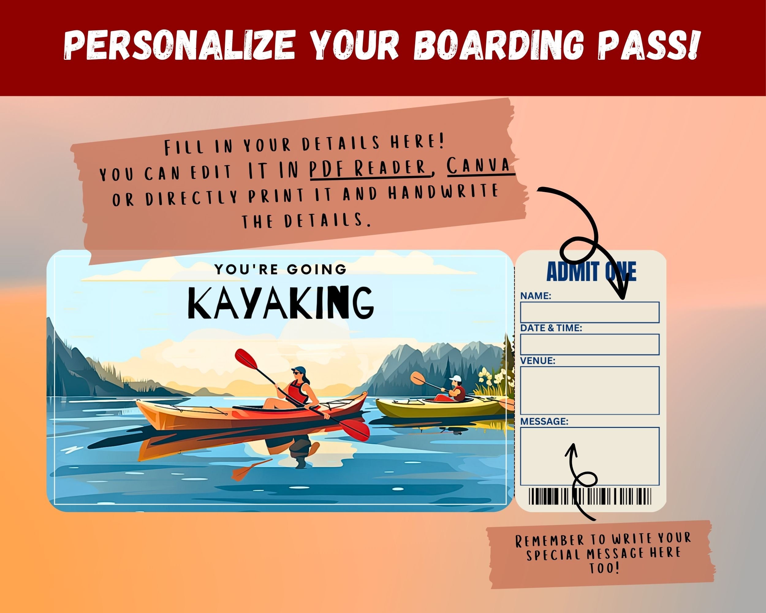 Kayaking Surprise Gift Ticket: Printable Travel Invitation (editable ...