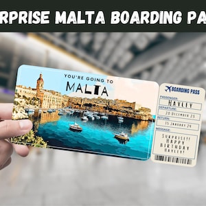 Billete de regalo sorpresa para el viaje a Malta: vas a MALTA: imprimible, vuelo, tarjeta de embarque, editable, descarga instantánea, impresión de viaje