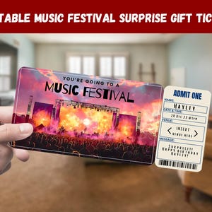 Musikfestival Überraschungsgeschenkkarte - Sie gehen zu einem MUSIKFESTIVAL - druckbare, passbearbeitbare Sofortdownload-Reisedruckeinladung