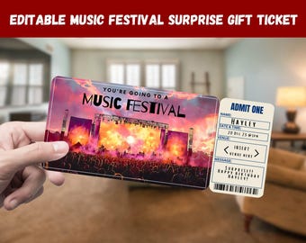 Music Festival Surprise Gift Ticket: Editable Printable Pass (Digital Download)