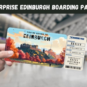 Edinburgh, Scotland Trip Surprise Gift Ticket - You're Going to EDINBURGH, Flight, Boarding Pass, Editable, Instant Download, Travel Print