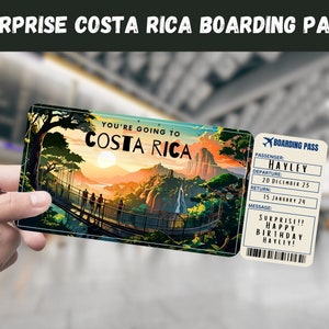 Billet cadeau surprise voyage au Costa Rica - Vous allez au COSTA RICA - Imprimable, carte de vol, d'embarquement, modifiable, impression de voyage instantanée