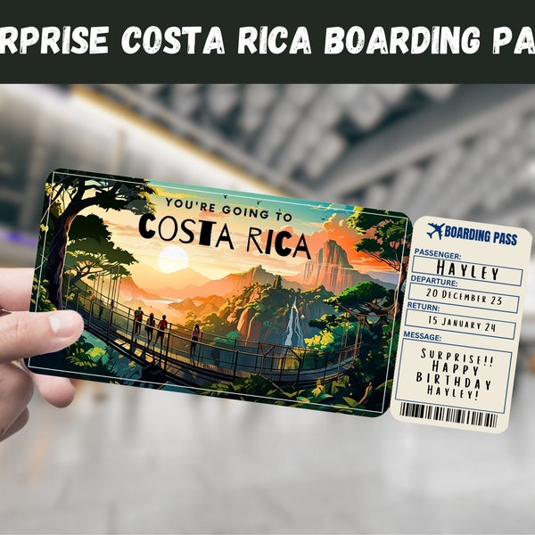 Costa Rica Trip Surprise Gift Ticket - You're Going to COSTA RICA - Printable, Flight, Boarding Pass, Editable, Instant Travel Print
